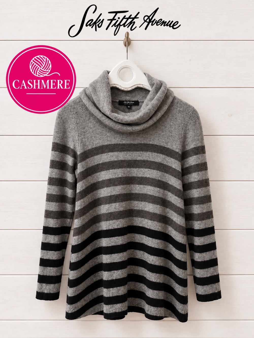 Saks Fifth Avenue 100% Cashmere Striped Cowlneck Tunic Sweater size M